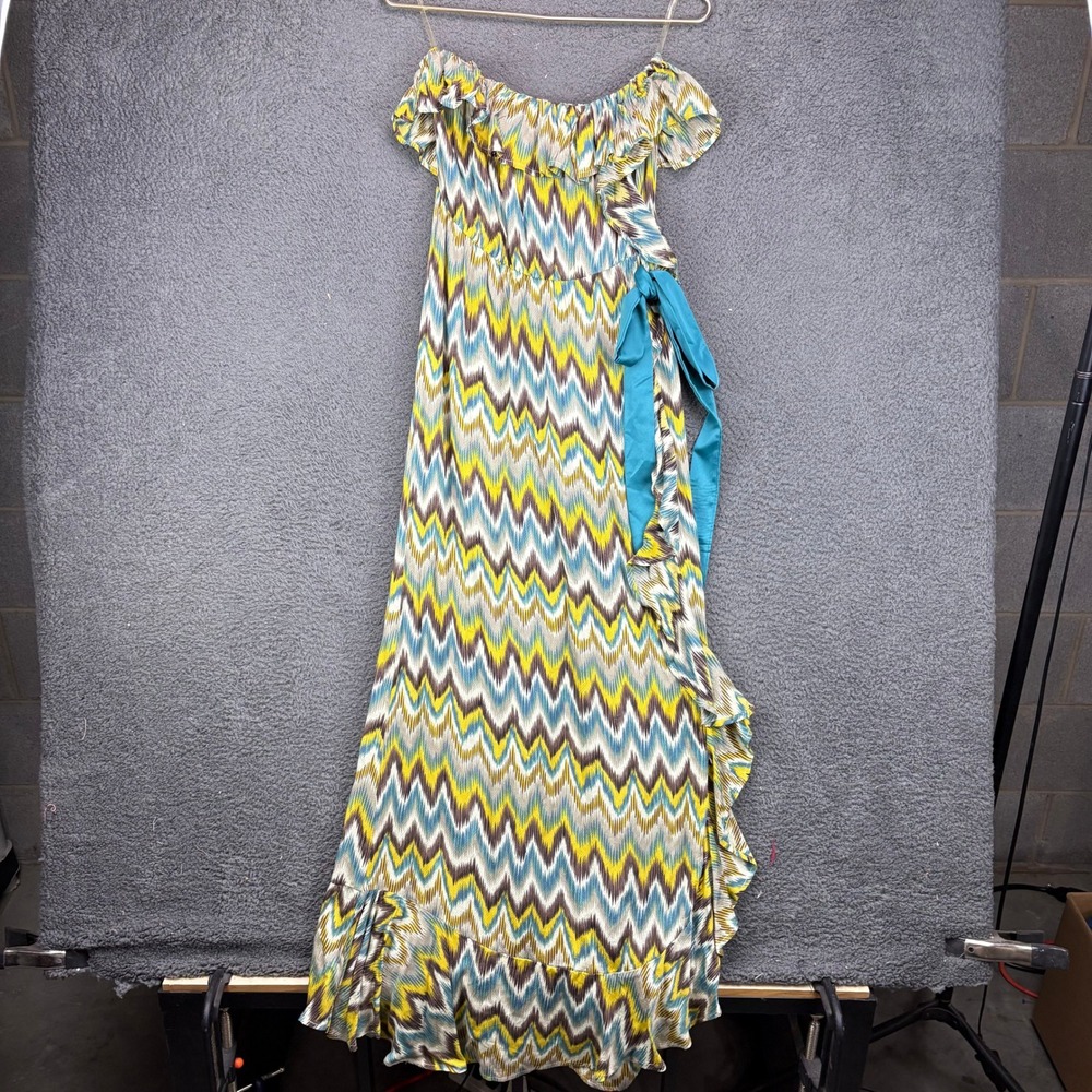 Misope Womens Chevron Zig Zag Ruffle Off Shoulder‎ Maxi Dress Teal Yellow Large